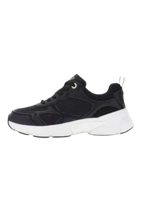 Sporline Guess Indye siyah kadın sneaker, beyaz tabanlı bağcıklı günlük spor ayakkabı modeli.