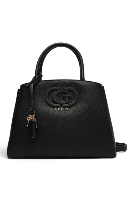 Sporline Guess Isola siyah satchel kadın el çantası, ön kısmında ikonik G logosu ve şık anahtarlık detayı ile.