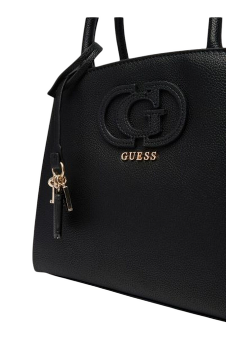 Sporline Guess Isola siyah satchel kadın el çantası, ön yüzünde kabartmalı logo detayı ve şık metalik askı süsü ile.