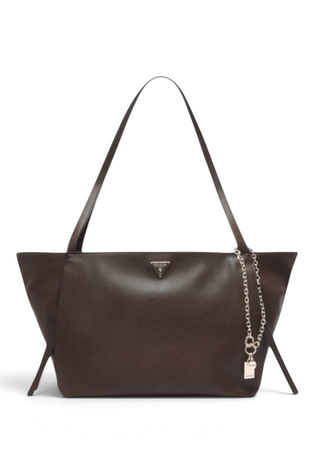 Sporline GUESS Devon kahverengi kadın tote çanta, altın metal detaylı ve fermuarlı şık tasarım.