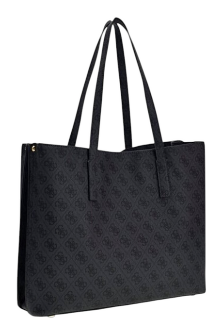 Sporline Guess Meridian II siyah monogram desenli kadın omuz çantası, şık ve geniş iç hacimli poliüretan tasarım.