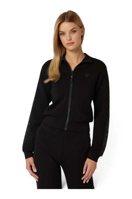 Sporline Guess siyah fermuarlı kadın sweatshirt, pamuk karışımlı regular kesim günlük spor üst