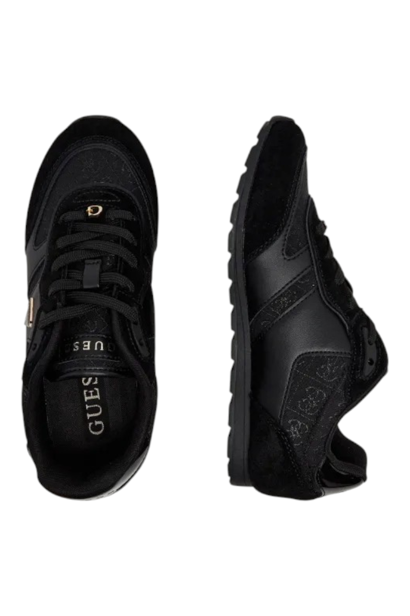 Sporline Guess siyah poliüretan kadın sneaker, bağcıklı tasarım ve yanlarda logo detaylı şık günlük spor ayakkabı.