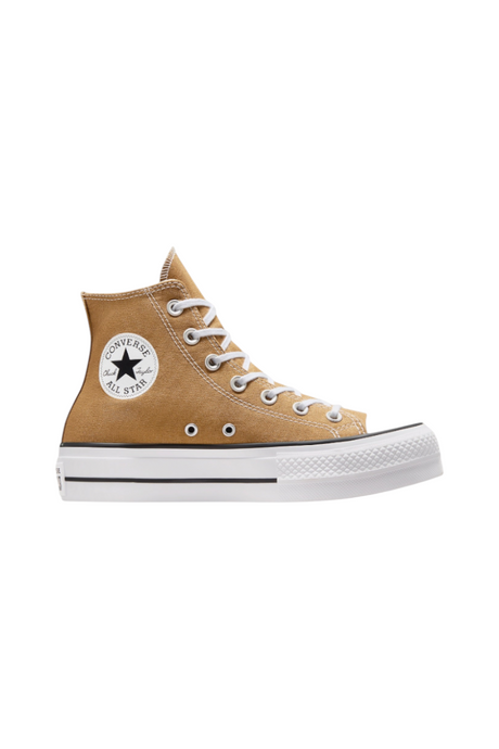 Sporline marka, kahverengi kanvas kumaşlı, yüksek tabanlı Chuck Taylor All Star Lift platform spor ayakkabı.