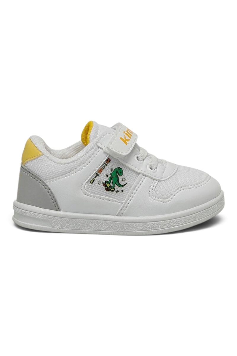 Sporline Kinetix Fermos beyaz ve sarı detaylı, dinozor desenli suni deri çocuk sneaker ayakkabı