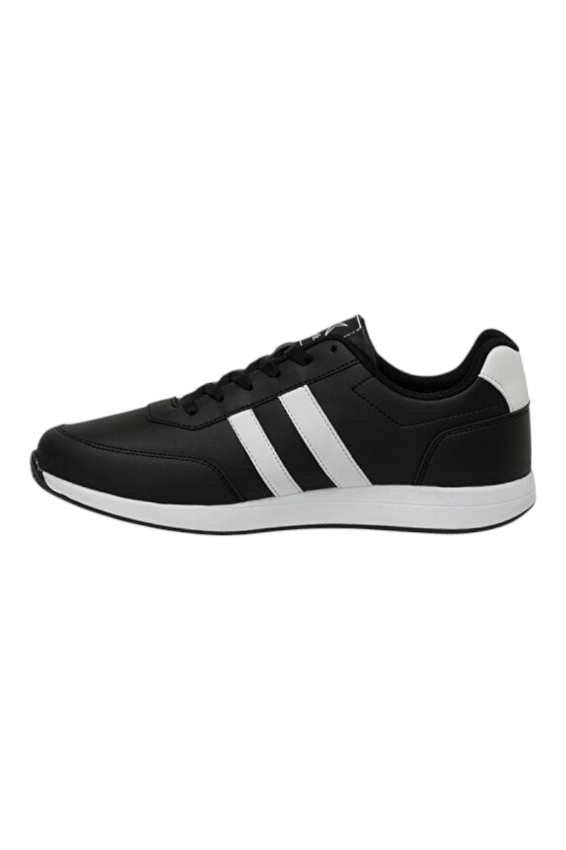 Sporline Kinetix Reeds siyah suni deri erkek sneaker, yan profil görünümü ve beyaz detaylı tasarım.