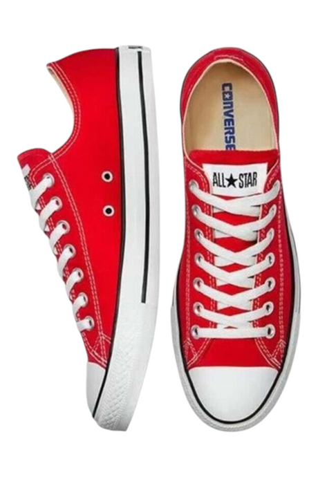 Sporline marka kırmızı kanvas Converse Chuck Taylor All Star spor ayakkabı, beyaz bağcıklı ve kauçuk tabanlı