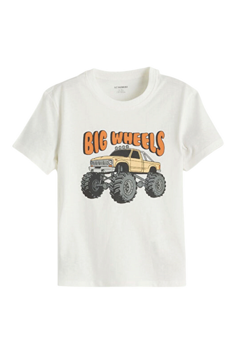 Sporline LC Waikiki ekru renkli, ön kısmında büyük tekerlekli kamyon baskısı bulunan %100 pamuklu çocuk t-shirt