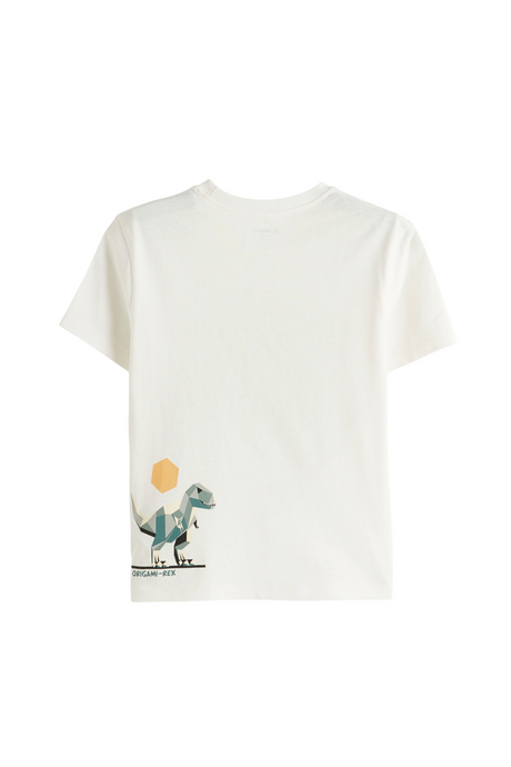 Sporline LC Waikiki ekru renkli, origami dinozor baskılı kısa kollu çocuk t-shirt