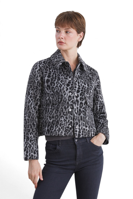 Sporline LC Waikiki gri leopar desenli, düğmeli, loose kesim kadın ceket