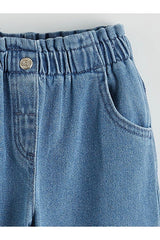 Sporline LC Waikiki indigo mavi renkli, lastikli paperbag belli kız çocuk denim pantolon detayı
