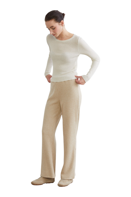 Sporline LC Waikiki açık kahve rengi, regular kesim, polyester karışımlı kadın pantolon giyen model