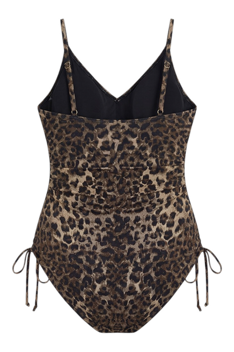 Sporline LC Waikiki kahverengi leopar desenli, yanları büzgülü askılı kadın mayo