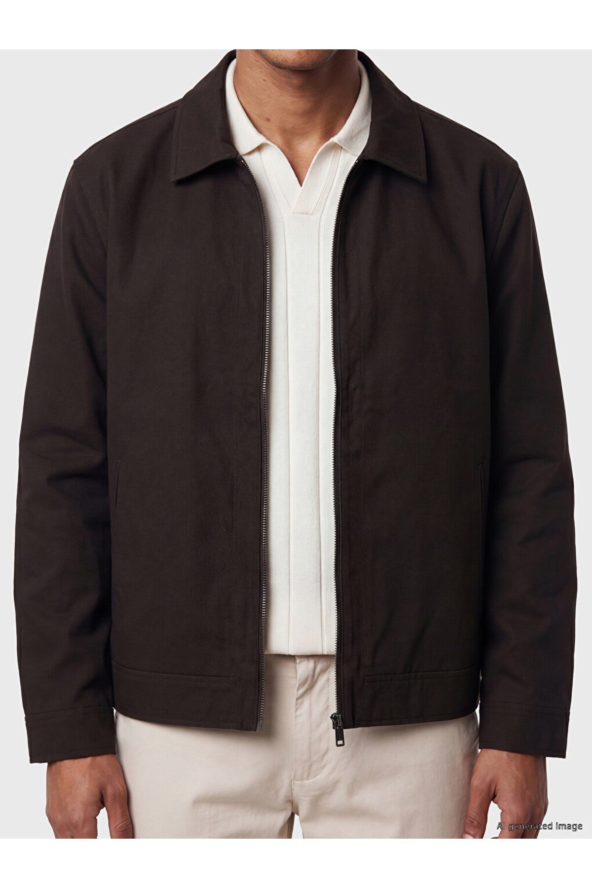 Sporline LC Waikiki kahverengi %100 pamuklu poplin erkek ceket, regular kesim ve fermuarlı tasarım.