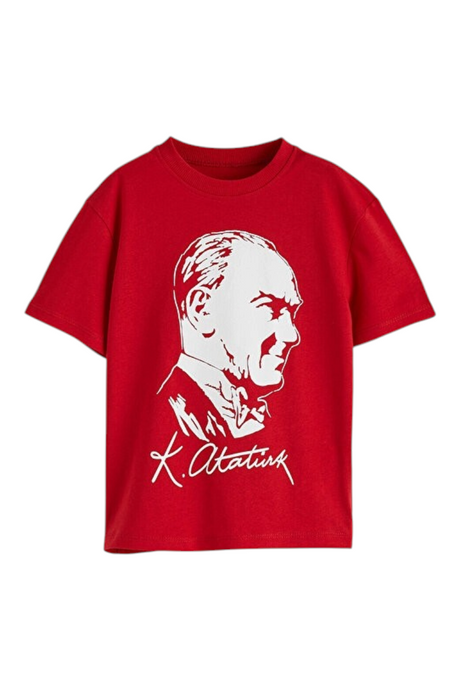 Sporline LC Waikiki kırmızı renkli, Atatürk baskılı, %100 pamuklu çocuk kısa kollu t-shirt