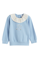 Sporline LC Waikiki pastel mavi, yakası dantel detaylı, kuğu baskılı pamuklu çocuk sweatshirt