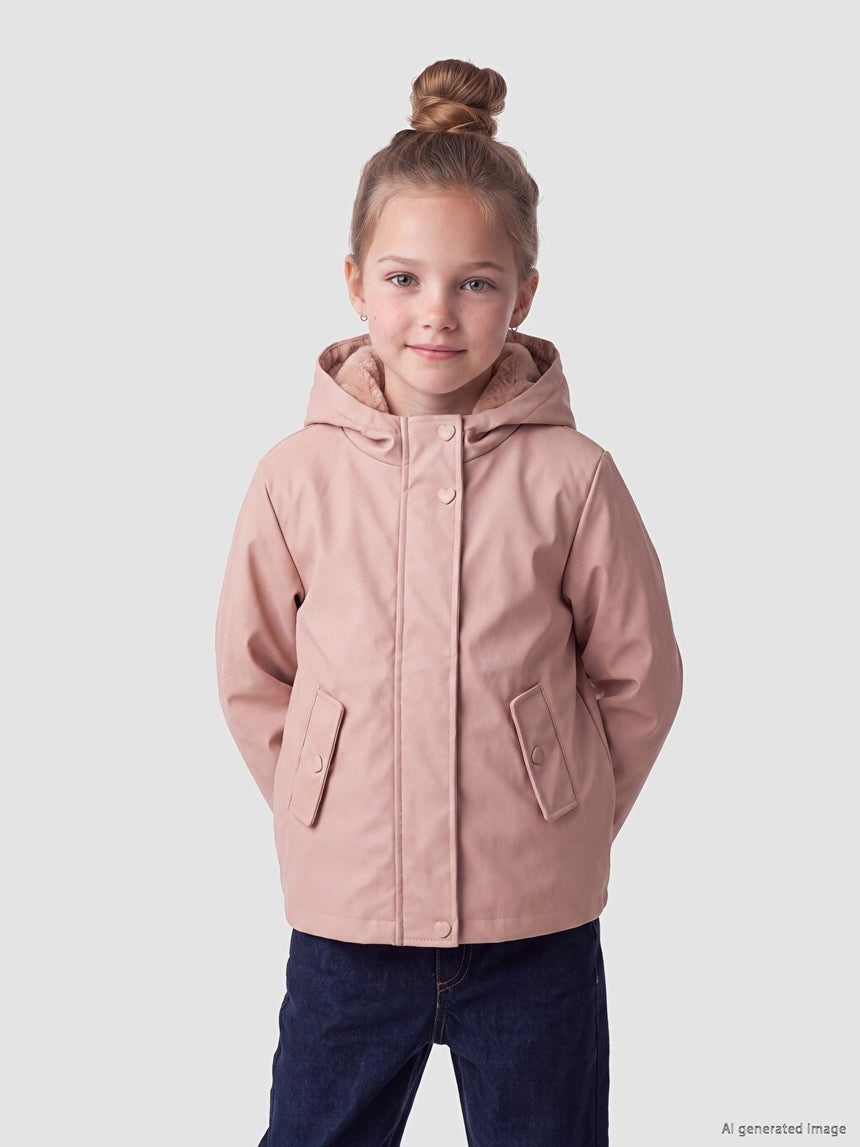 Sporline LC Waikiki açık pembe kapüşonlu kız çocuk montu, içi peluş astarlı, günlük kışlık dış giyim