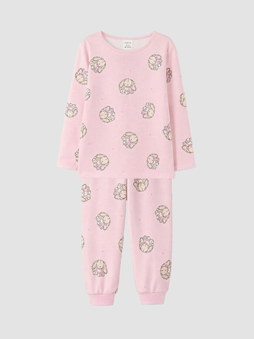 Sporline LC Waikiki pembe renkli, tavşan desenli, uzun kollu kız çocuk pijama takımı