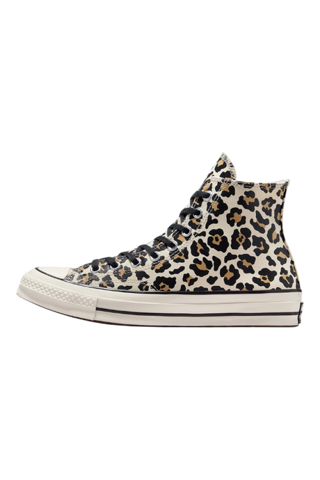 Sporline marka, leopar desenli, krem rengi, yüksek bilekli Converse Chuck 70 kanvas spor ayakkabı