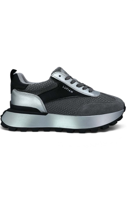 Sporline Lufian gri renkli, suni deri ve file detaylı, kalın tabanlı kadın sneaker modeli