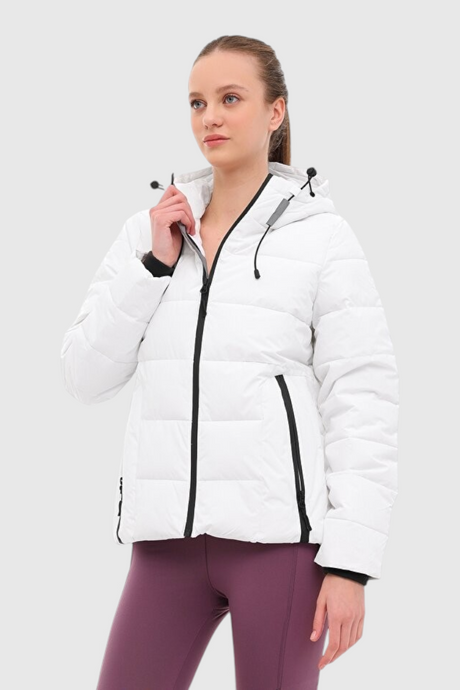 Sporline Lumberjack beyaz slim fit kadın şişme mont, kapüşonlu ve fermuarlı tasarım