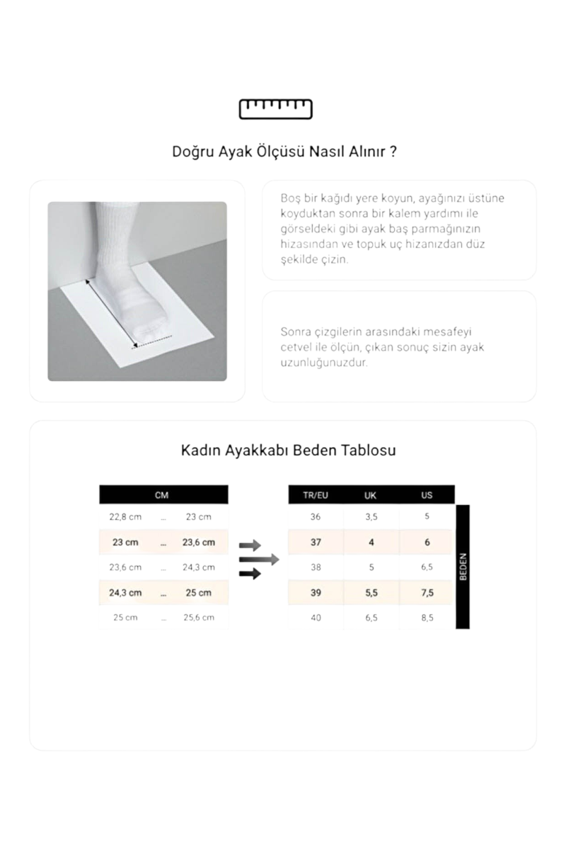 Sporline Lumberjack kadın ayakkabıları için görsel ayak ölçümü rehberi ve beden tablosu