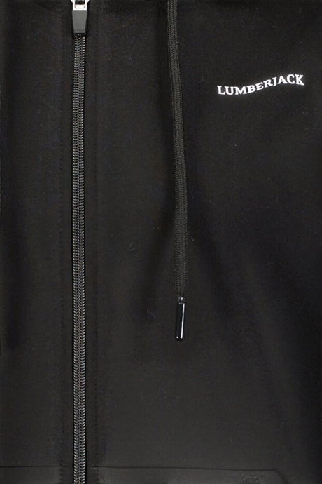 Sporline Lumberjack siyah fermuarlı kapüşonlu kadın sweatshirt, regular kesim ve göğüs kısmında marka logolu