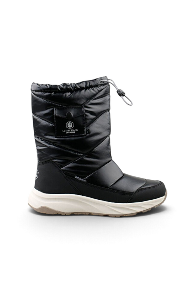 Sporline Lumberjack siyah kadın kar botu, suni deri ve şişme detaylı, beyaz tabanlı kışlık outdoor bot.