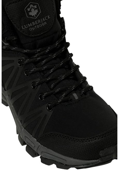 Sporline Lumberjack Shell Hi siyah erkek outdoor bot, tekstil ve PU malzeme, bağcıklı tasarım ve dayanıklı taban.