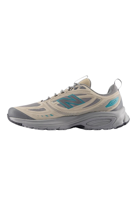 Sporline New Balance 410 erkek spor ayakkabı, kahverengi ve gri tonlarında, yan kısımlarında turkuaz detaylı