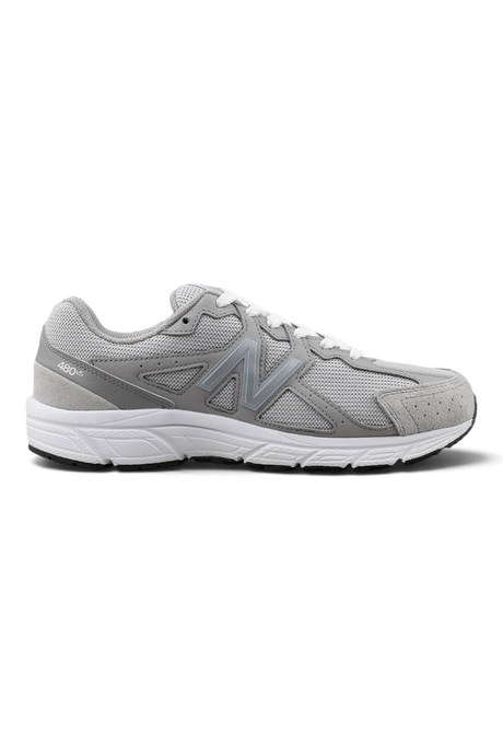 Sporline New Balance 480 gri unisex günlük spor ayakkabı, süet ve file detaylı yan profil görünümü