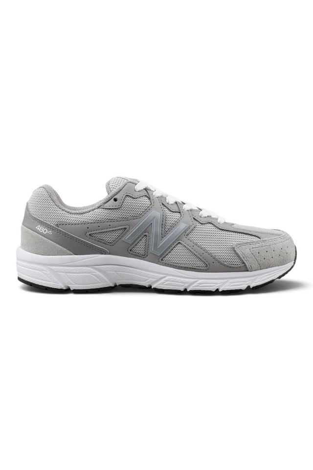 Sporline New Balance 480 gri unisex günlük spor ayakkabı, süet ve file detaylı yan profil görünümü