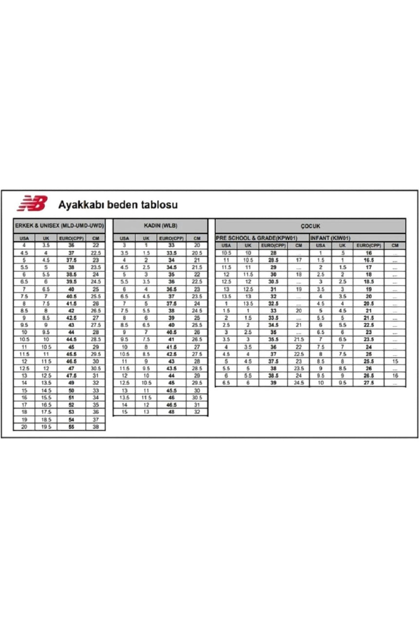 Sporline New Balance erkek ve kadın ayakkabı beden tablosu, numara ve santimetre ölçülerini gösteren detaylı liste