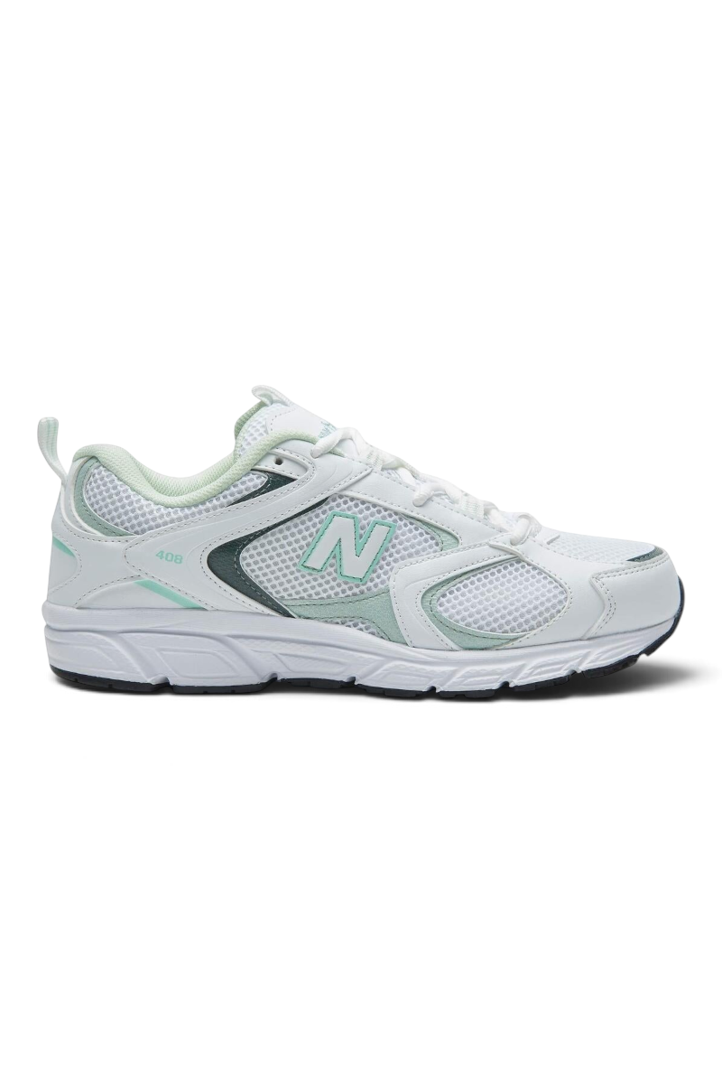 Sporline New Balance ML408MG beyaz ve yeşil detaylı unisex spor ayakkabı, file ve sentetik yüzeyli konforlu tasarım