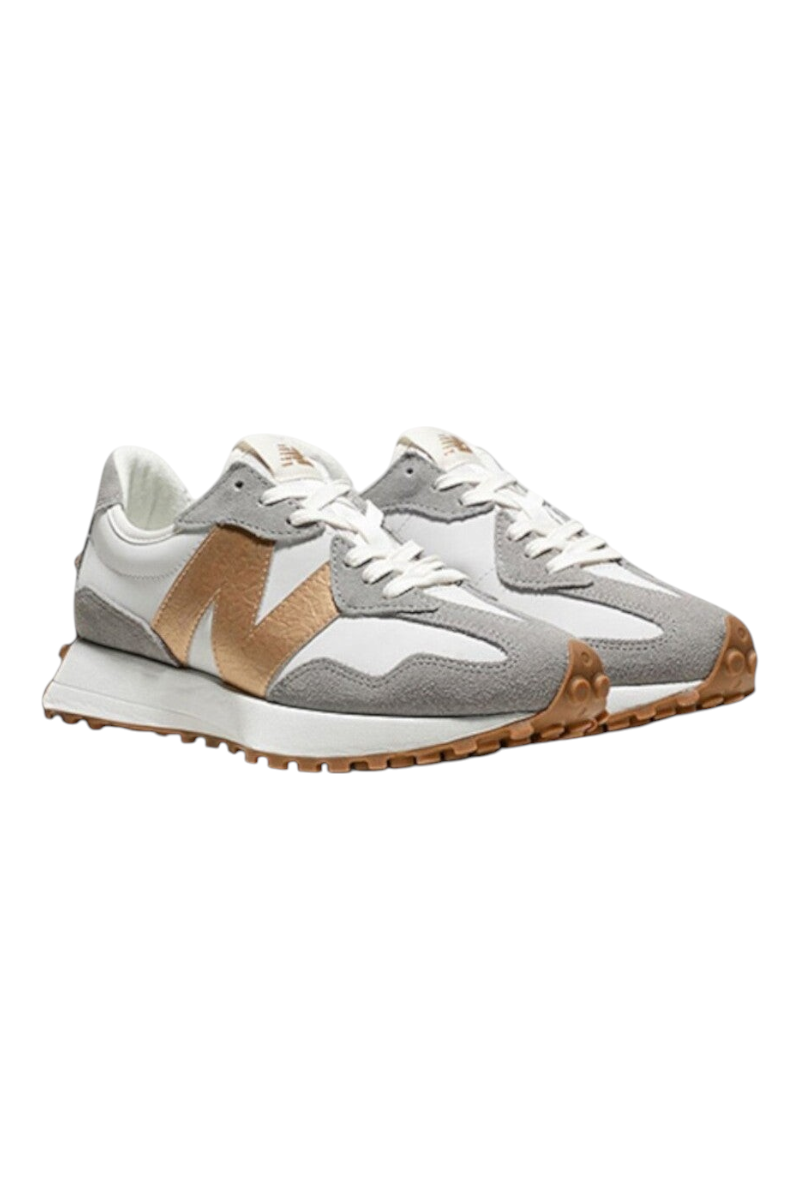 Sporline New Balance W3279NT kadın gri süet spor ayakkabı, yan tarafta altın renkli N logosu ve tırtıklı taban