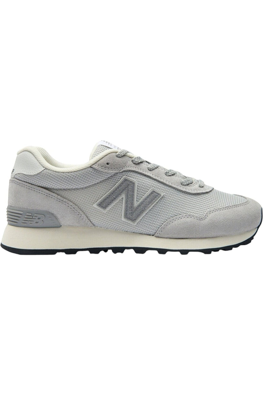 Sporline New Balance ML515GGR erkek spor ayakkabı, beyaz ve gri renkli file, sentetik ve naylon retro tasarım.