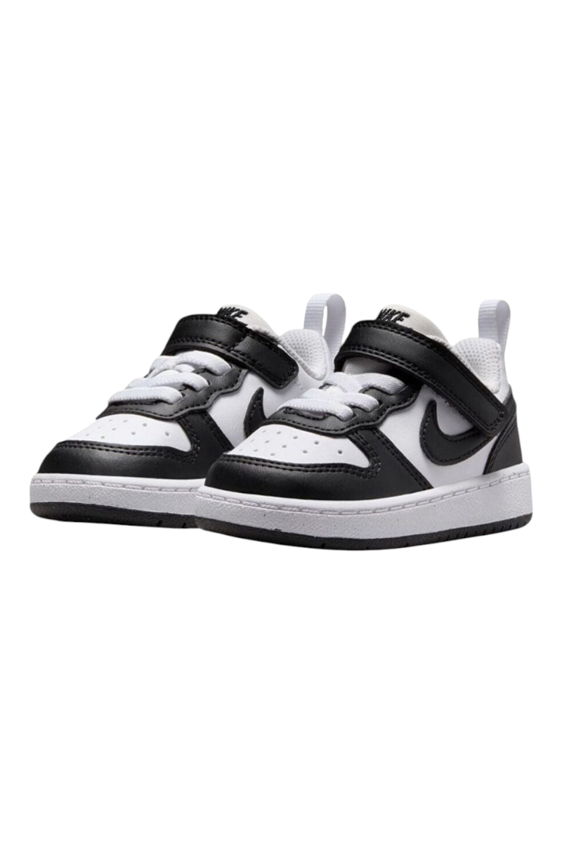 Sporline Nike Court Borough Low Recraft bebek spor ayakkabısı, beyaz ve siyah renkli, cırt cırtlı tasarım.
