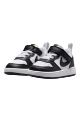 Sporline Nike Court Borough Low Recraft bebek spor ayakkabısı, beyaz ve siyah renkli, cırt cırtlı tasarım.