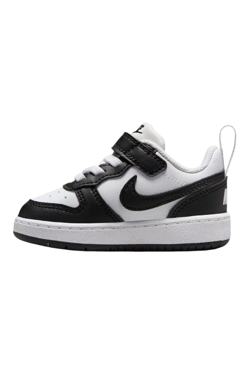Sporline Nike Court Borough Low Recraft bebek spor ayakkabısı, beyaz ve siyah renkli, cırt cırtlı tasarım.