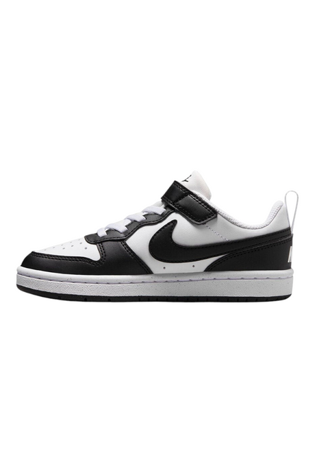 Sporline Nike Court Borough Low Recraft çocuk günlük ayakkabı, beyaz ve siyah renkli, cırt cırtlı spor ayakkabı.