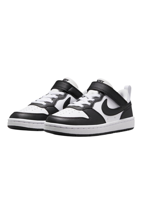 Sporline Nike Court Borough Low Recraft çocuk günlük ayakkabı, beyaz ve siyah renkli, cırt cırtlı spor ayakkabı.