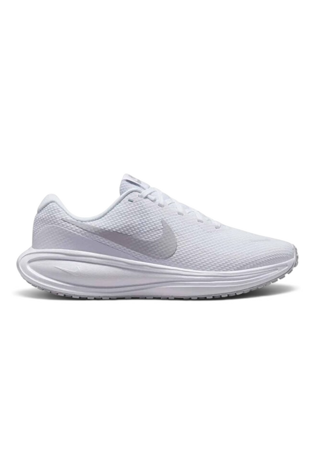 Sporline Nike Revolution 8 beyaz kadın koşu ayakkabısı, nefes alabilen file yüzey ve yastıklamalı taban tasarımı.