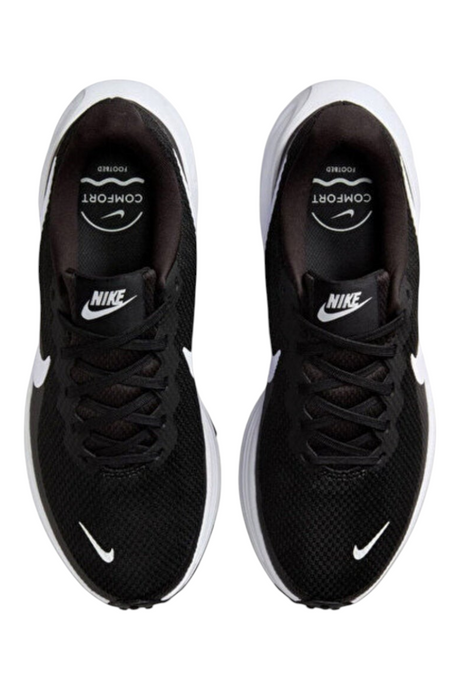 Sporline Nike Revolution 8 siyah unisex koşu ayakkabısı, üstten görünüm, nefes alabilir file yüzey ve beyaz taban