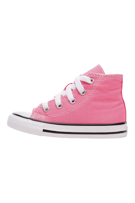 Sporline pembe tekstil kız çocuk Converse Chuck Originals spor ayakkabı, beyaz bağcıklı ve kauçuk tabanlı yan görünüm