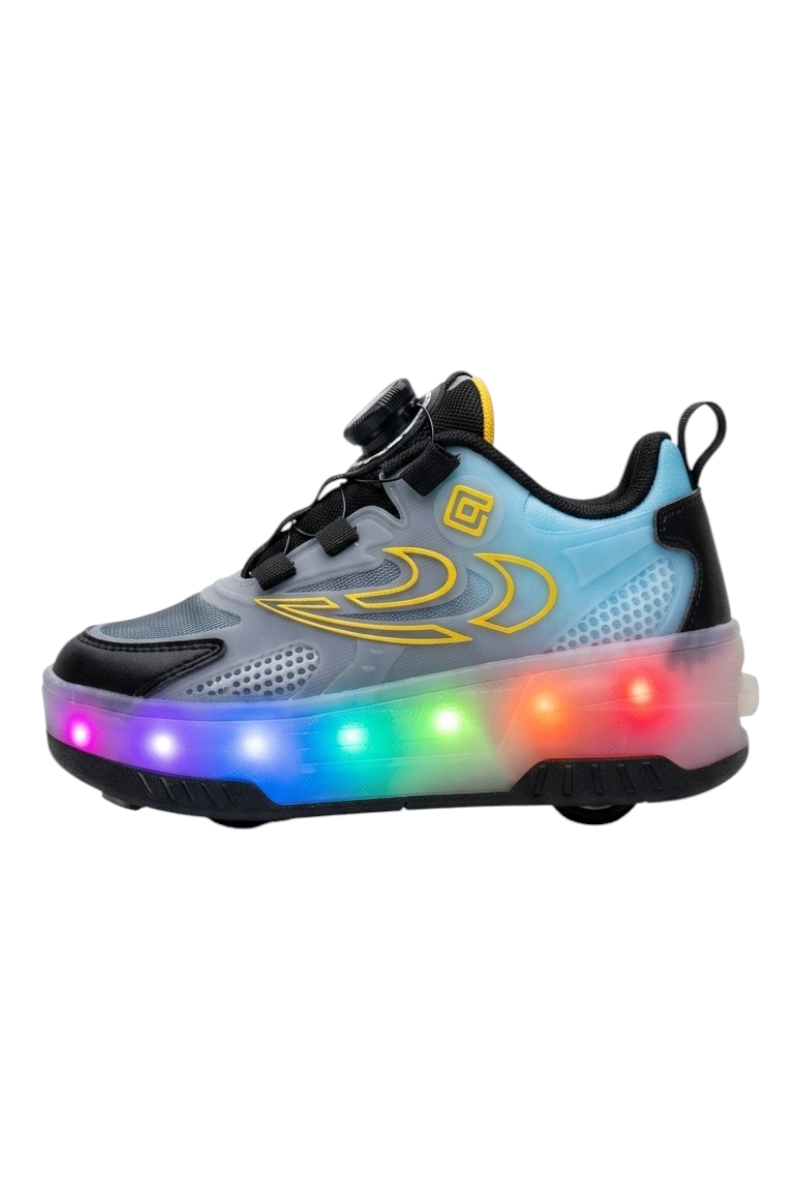 Sporline PEPİNO çocuk sneaker, siyah ve turkuaz renkli, ışıklı tabanlı, tekstil malzemeli tekerlekli spor ayakkabı.