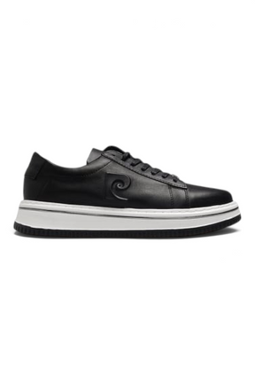 Sporline Pierre Cardin siyah deri erkek sneaker, beyaz tabanlı günlük spor ayakkabı