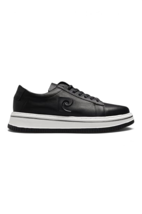 Sporline Pierre Cardin siyah deri erkek sneaker, beyaz tabanlı günlük spor ayakkabı