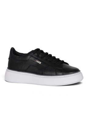 Sporline Pierre Cardin siyah deri erkek sneaker ayakkabı, beyaz tabanlı şık günlük tasarım