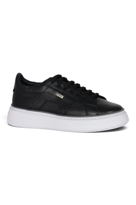 Sporline Pierre Cardin siyah deri erkek sneaker ayakkabı, beyaz tabanlı şık günlük tasarım