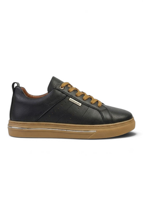 Sporline Pierre Cardin siyah deri erkek sneaker, taba rengi bağcıklı ve tabanlı günlük spor ayakkabı